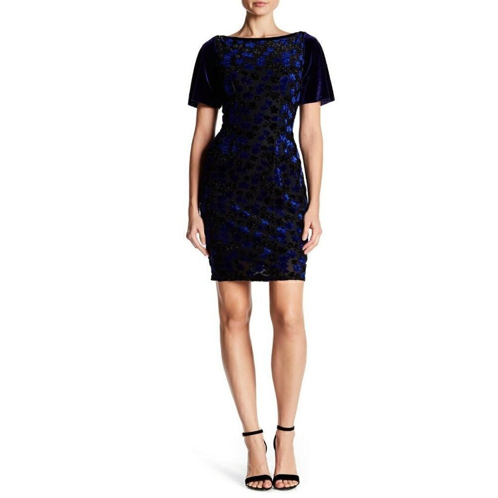 T Tahari Women's Blue Riley Floral Velvet Boat neck Burnout Dress Size L